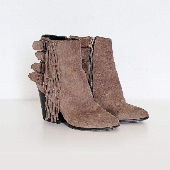 The Kooples - Gray Taupe Zip-up with Buckle Fringe Details Booties - Size 36 - Picture 1 of 9